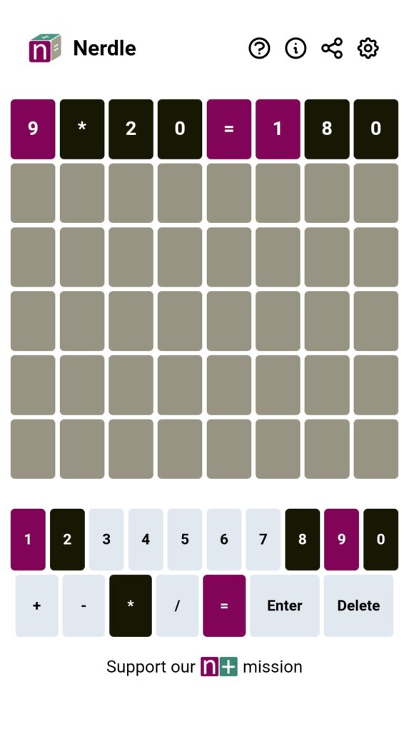 Pantalla de inicio del juego Nerdle con una ecuación parcialmente completada '9 * 20 = 180' en la parte superior. El tablero de juego muestra varias filas de casillas grises vacías esperando a ser llenadas con números y operadores. Abajo, hay botones para ingresar dígitos y operaciones matemáticas, y el lema 'Support our [Nerdle icon] mission' anima a jugar y apoyar el juego.